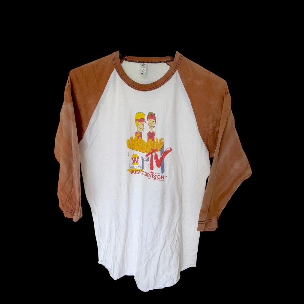 Tultex Beavis and Butt-Head MTV Baseball Tee Brown White Raglan Shirt M
